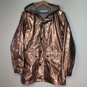 Petit Bateau Cire Raincoat Gold Metallic Size S Copper Hooded Raincoat Striped